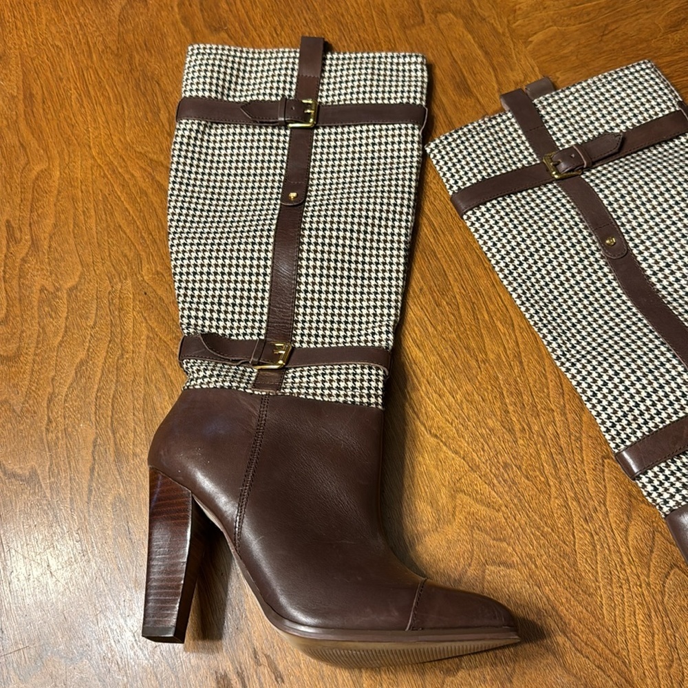 Tommy Hilfiger Frita Brown Leather Houndstooth High Block Heels Tall Boots 8 - Picture 8 of 15
